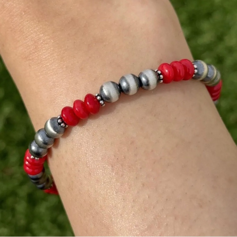 Bamboo Red Coral 6mm 7 Inch 925 Sterling Silver Pearls Bead Bracelet